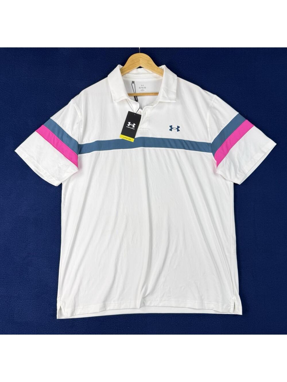 Under Armour Golf Polo Shirt Men XL Loose White Colorblock UPF 50 Stretch NWT